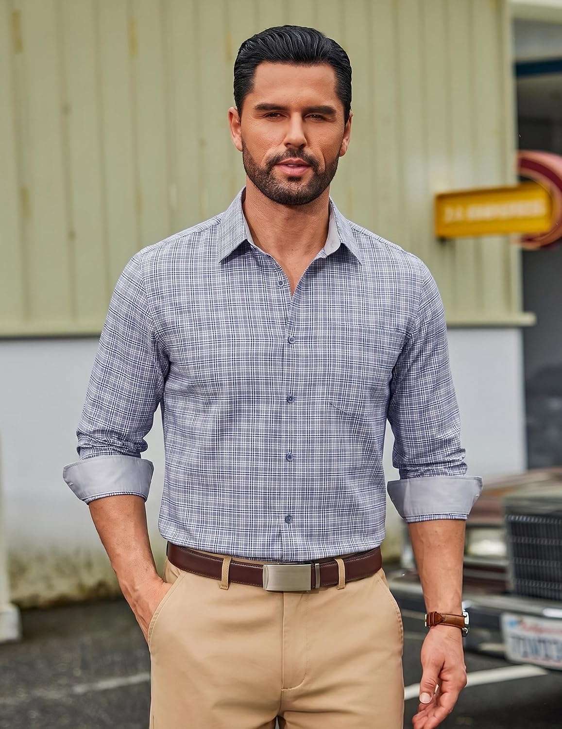 image:imageCOOFANDY Men Plaid Dress Shirts Long Sleeve Button Down Shirts Cotton Shirt Lightweight Dress Shirt Wrinkle Free Button Down Collar Classic Plaid Pattern Chest Pocket Casual Business ShirtsGrey Plaid