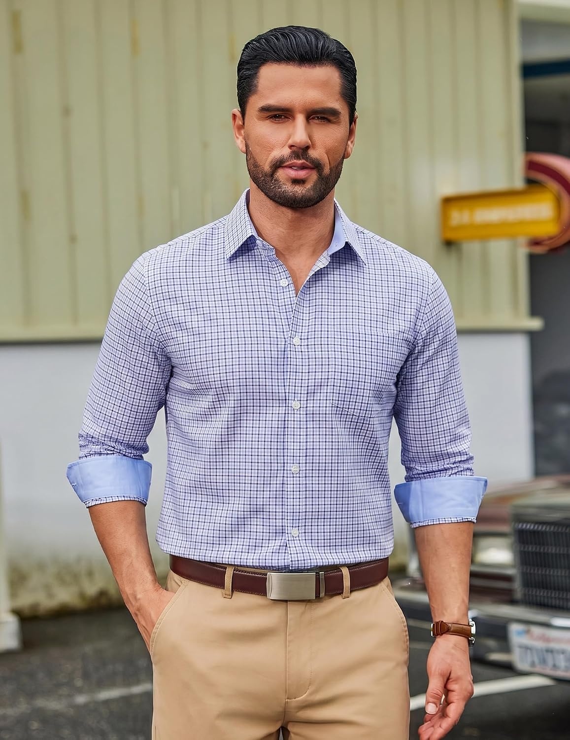 image:imageCOOFANDY Men Plaid Dress Shirts Long Sleeve Button Down Shirts Cotton Shirt Lightweight Dress Shirt Wrinkle Free Button Down Collar Classic Plaid Pattern Chest Pocket Casual Business ShirtsWhite Blue Plaid