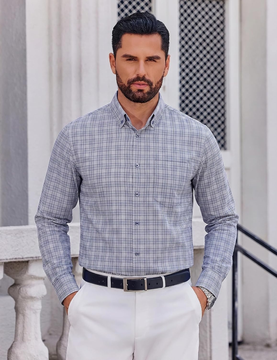 image:imageCOOFANDY Men Plaid Dress Shirts Long Sleeve Button Down Shirts Cotton Shirt Lightweight Dress Shirt Wrinkle Free Button Down Collar Classic Plaid Pattern Chest Pocket Casual Business ShirtsGrey Plaid