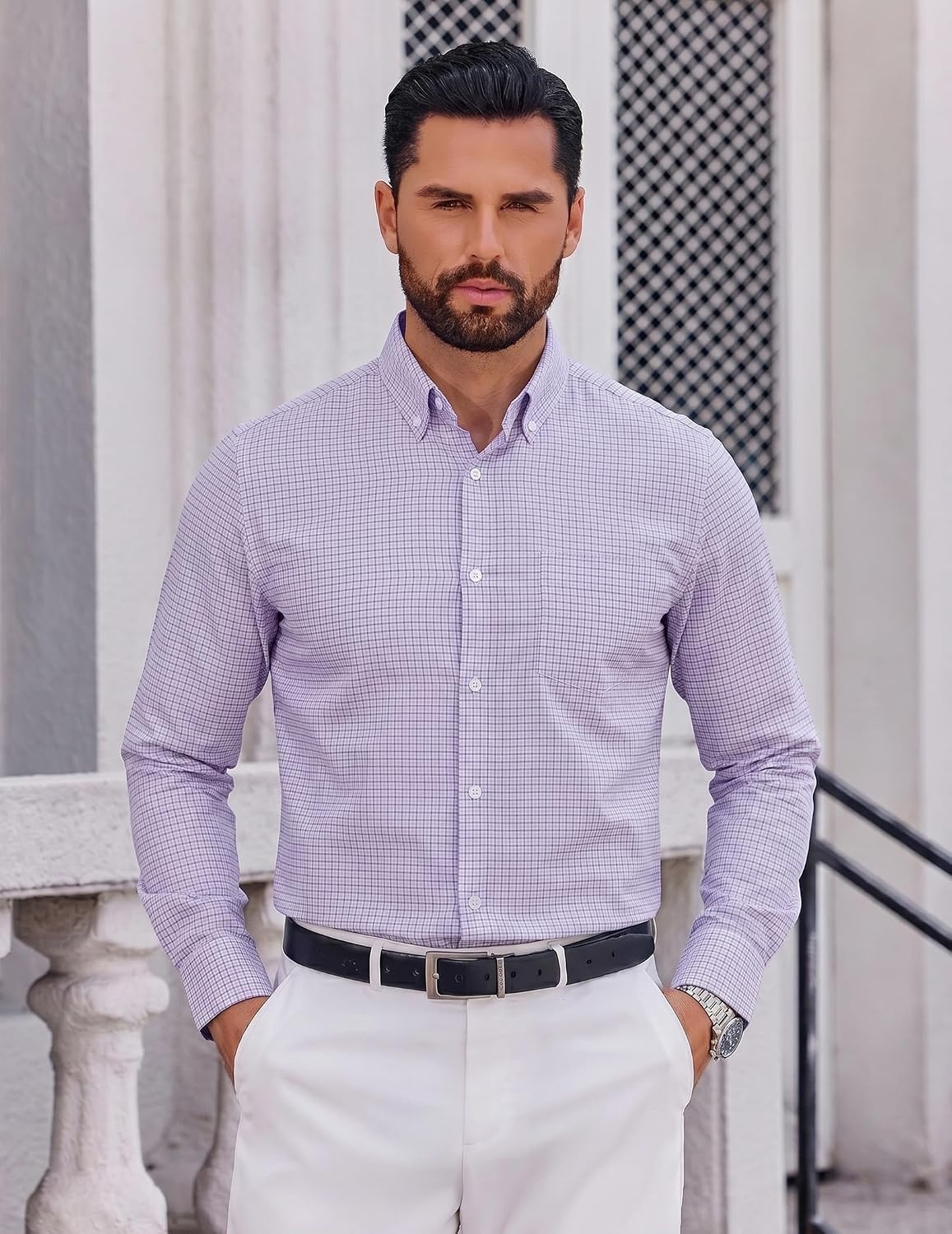 image:imageCOOFANDY Men Plaid Dress Shirts Long Sleeve Button Down Shirts Cotton Shirt Lightweight Dress Shirt Wrinkle Free Button Down Collar Classic Plaid Pattern Chest Pocket Casual Business ShirtsLight Purple Plaid