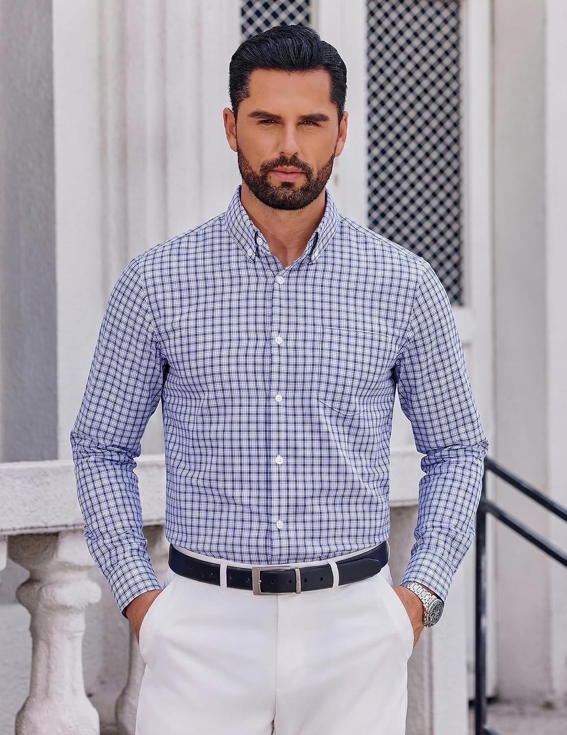 image:imageCOOFANDY Men Plaid Dress Shirts Long Sleeve Button Down Shirts Cotton Shirt Lightweight Dress Shirt Wrinkle Free Button Down Collar Classic Plaid Pattern Chest Pocket Casual Business ShirtsWhite Deep Blue Plaid