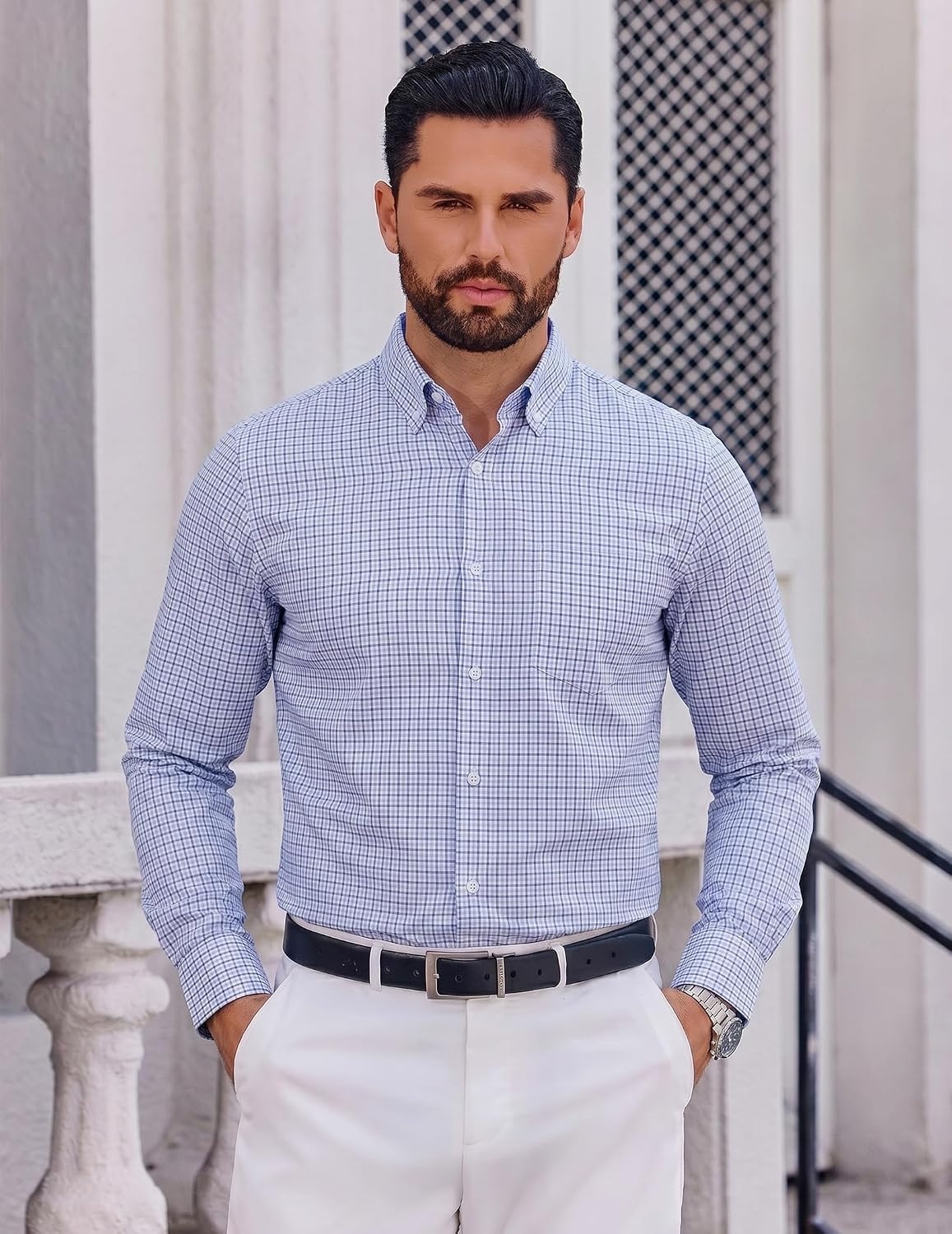 image:imageCOOFANDY Men Plaid Dress Shirts Long Sleeve Button Down Shirts Cotton Shirt Lightweight Dress Shirt Wrinkle Free Button Down Collar Classic Plaid Pattern Chest Pocket Casual Business ShirtsWhite Blue Plaid