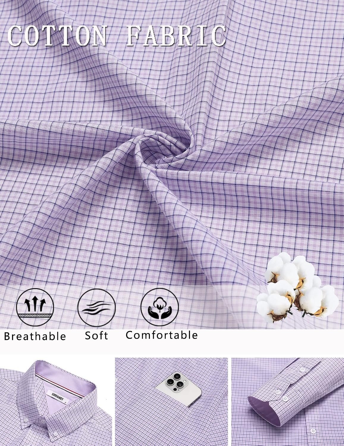 image:imageCOOFANDY Men Plaid Dress Shirts Long Sleeve Button Down Shirts Cotton Shirt Lightweight Dress Shirt Wrinkle Free Button Down Collar Classic Plaid Pattern Chest Pocket Casual Business ShirtsLight Purple Plaid