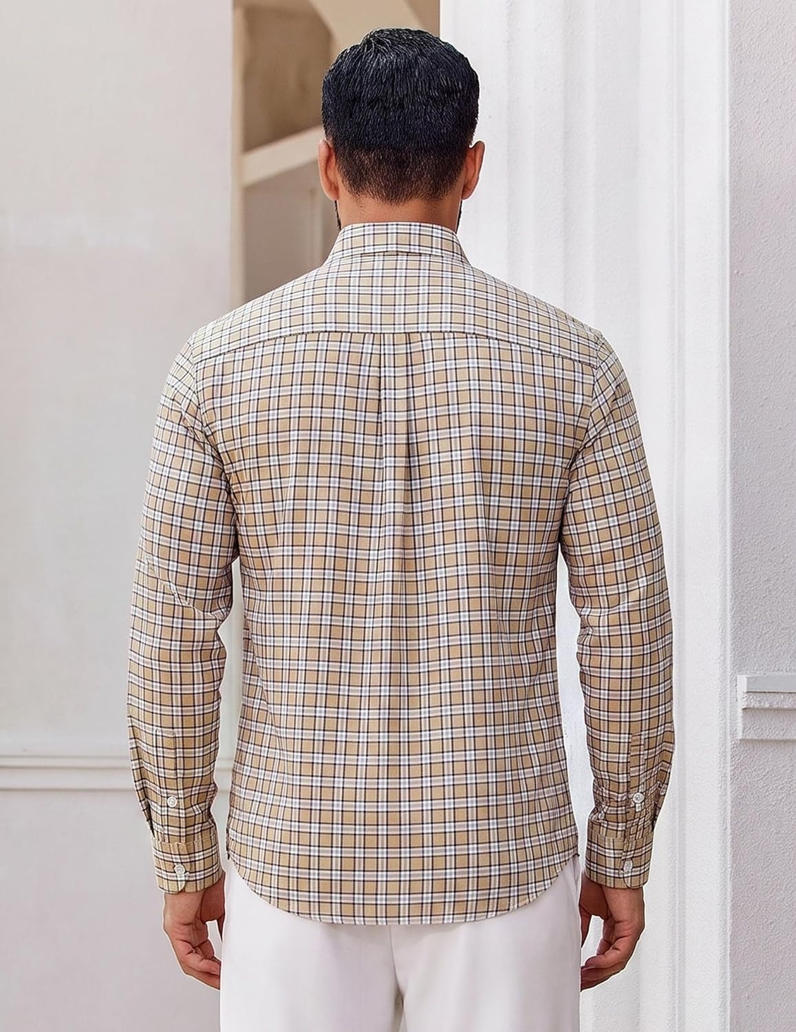 image:imageCOOFANDY Men Plaid Dress Shirts Long Sleeve Button Down Shirts Cotton Shirt Lightweight Dress Shirt Wrinkle Free Button Down Collar Classic Plaid Pattern Chest Pocket Casual Business ShirtsKhaki Plaid