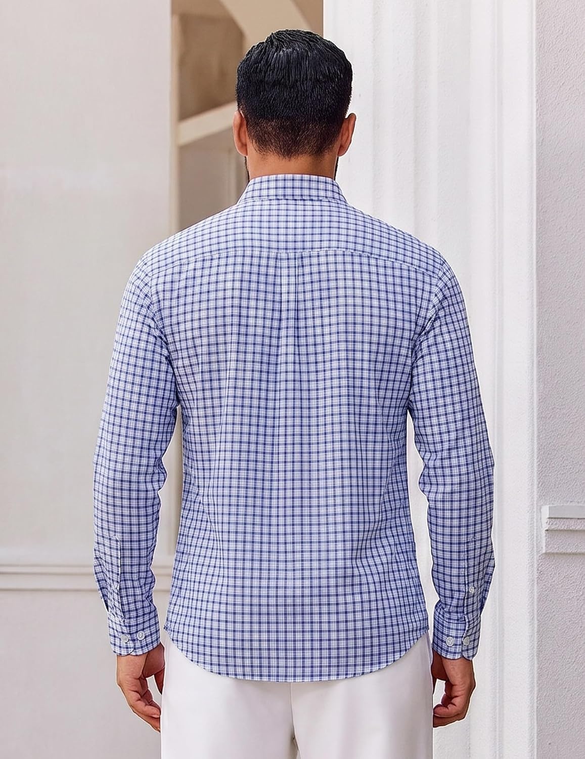 image:imageCOOFANDY Men Plaid Dress Shirts Long Sleeve Button Down Shirts Cotton Shirt Lightweight Dress Shirt Wrinkle Free Button Down Collar Classic Plaid Pattern Chest Pocket Casual Business ShirtsWhite Deep Blue Plaid