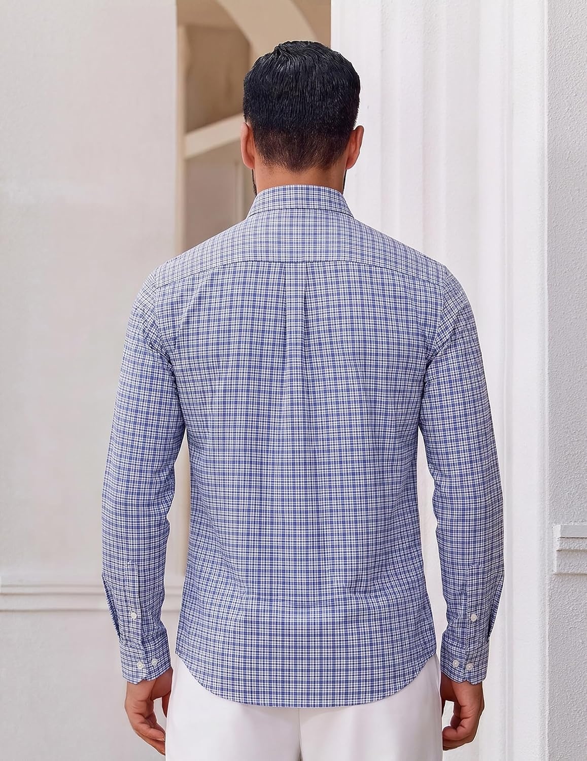 image:imageCOOFANDY Men Plaid Dress Shirts Long Sleeve Button Down Shirts Cotton Shirt Lightweight Dress Shirt Wrinkle Free Button Down Collar Classic Plaid Pattern Chest Pocket Casual Business ShirtsSky Blue White Plaid