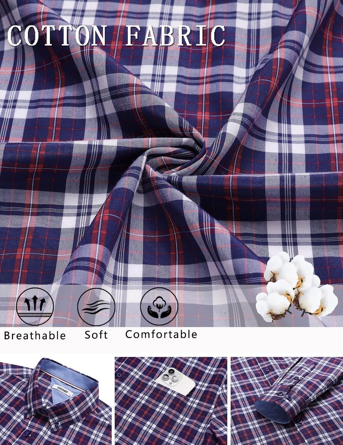 image:imageCOOFANDY Men Plaid Dress Shirts Long Sleeve Button Down Shirts Cotton Shirt Lightweight Dress Shirt Wrinkle Free Button Down Collar Classic Plaid Pattern Chest Pocket Casual Business ShirtsNavy Blue Red Plaid