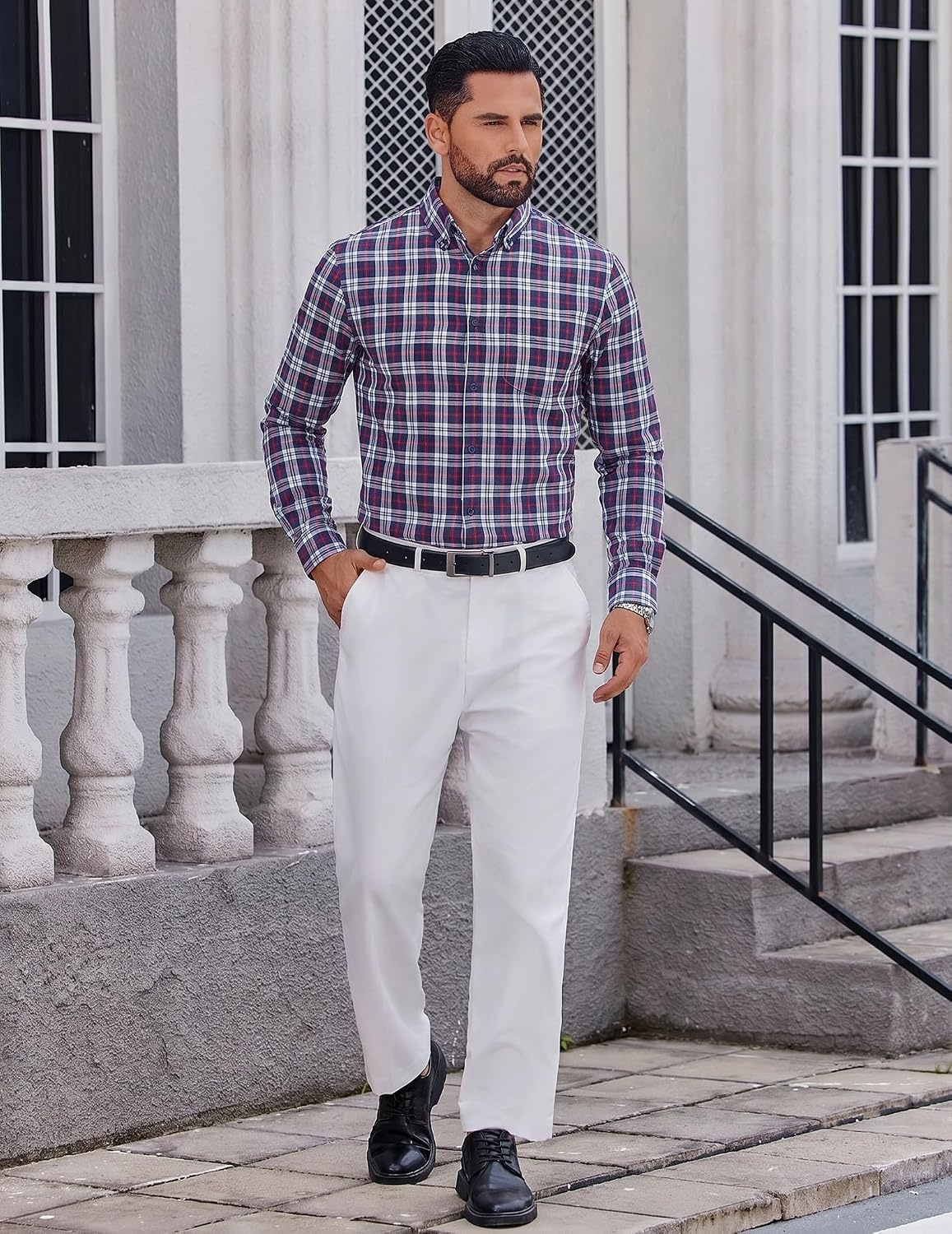image:imageCOOFANDY Men Plaid Dress Shirts Long Sleeve Button Down Shirts Cotton Shirt Lightweight Dress Shirt Wrinkle Free Button Down Collar Classic Plaid Pattern Chest Pocket Casual Business ShirtsNavy Blue Red Plaid