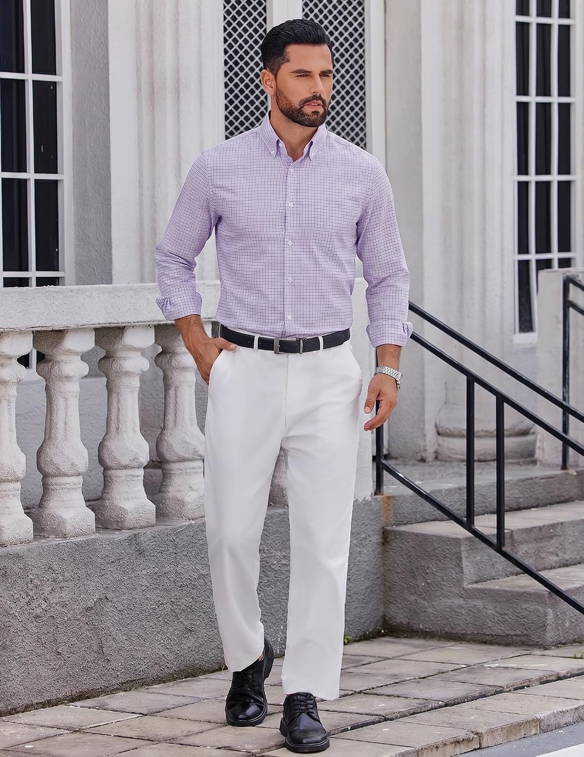 image:imageCOOFANDY Men Plaid Dress Shirts Long Sleeve Button Down Shirts Cotton Shirt Lightweight Dress Shirt Wrinkle Free Button Down Collar Classic Plaid Pattern Chest Pocket Casual Business ShirtsLight Purple Plaid