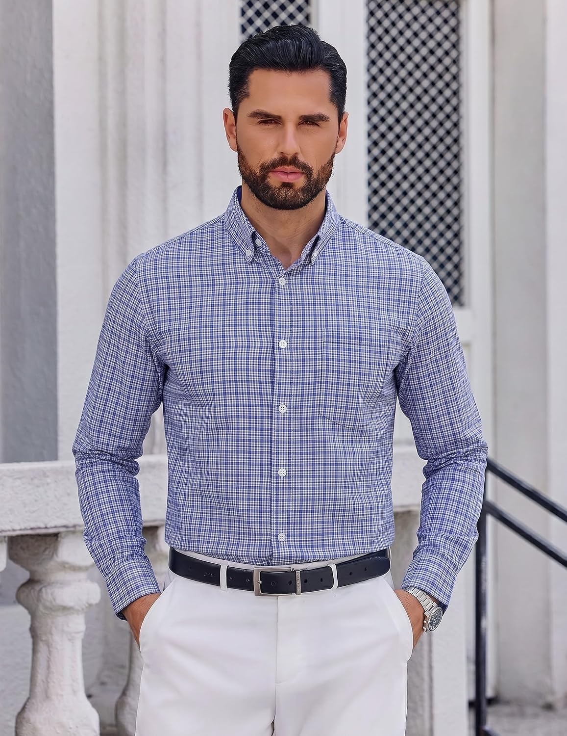 image:imageCOOFANDY Men Plaid Dress Shirts Long Sleeve Button Down Shirts Cotton Shirt Lightweight Dress Shirt Wrinkle Free Button Down Collar Classic Plaid Pattern Chest Pocket Casual Business ShirtsSky Blue White Plaid