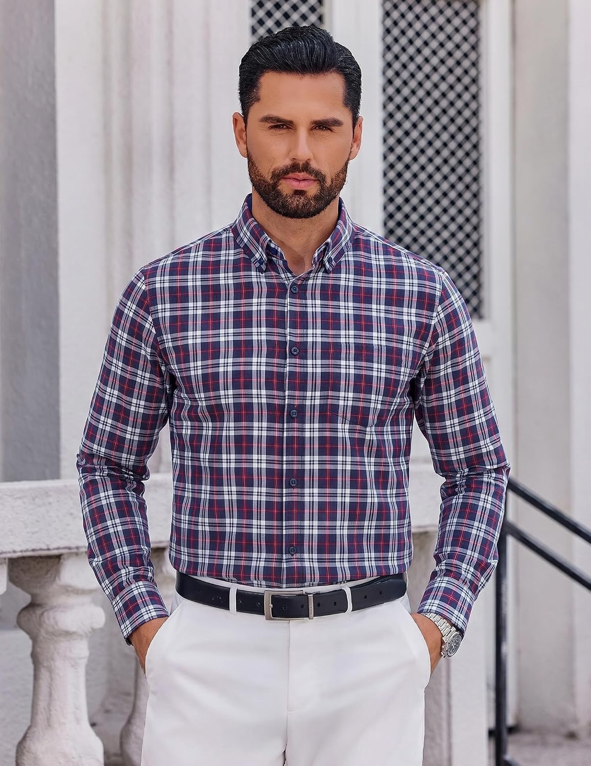 image:imageCOOFANDY Men Plaid Dress Shirts Long Sleeve Button Down Shirts Cotton Shirt Lightweight Dress Shirt Wrinkle Free Button Down Collar Classic Plaid Pattern Chest Pocket Casual Business ShirtsNavy Blue Red Plaid