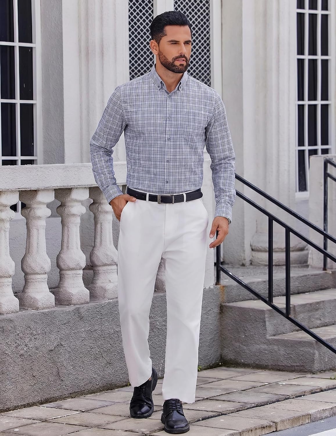 image:imageCOOFANDY Men Plaid Dress Shirts Long Sleeve Button Down Shirts Cotton Shirt Lightweight Dress Shirt Wrinkle Free Button Down Collar Classic Plaid Pattern Chest Pocket Casual Business ShirtsGrey Plaid