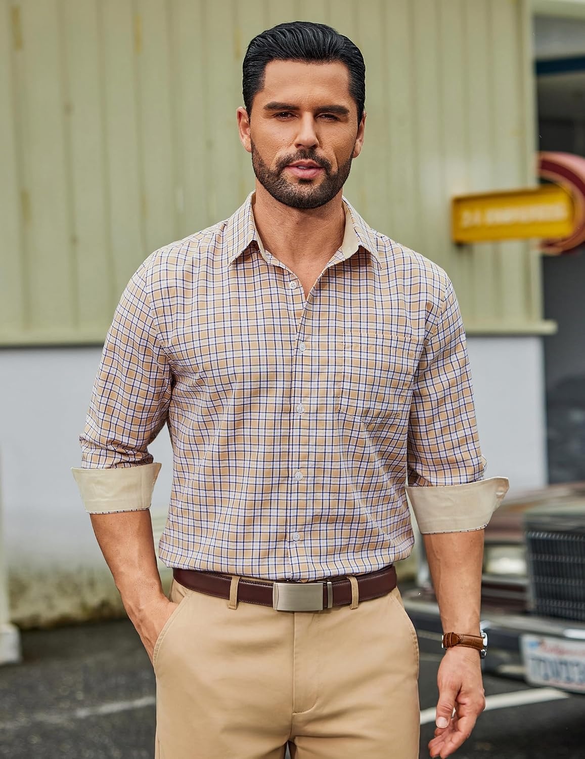 image:imageCOOFANDY Men Plaid Dress Shirts Long Sleeve Button Down Shirts Cotton Shirt Lightweight Dress Shirt Wrinkle Free Button Down Collar Classic Plaid Pattern Chest Pocket Casual Business ShirtsKhaki Plaid