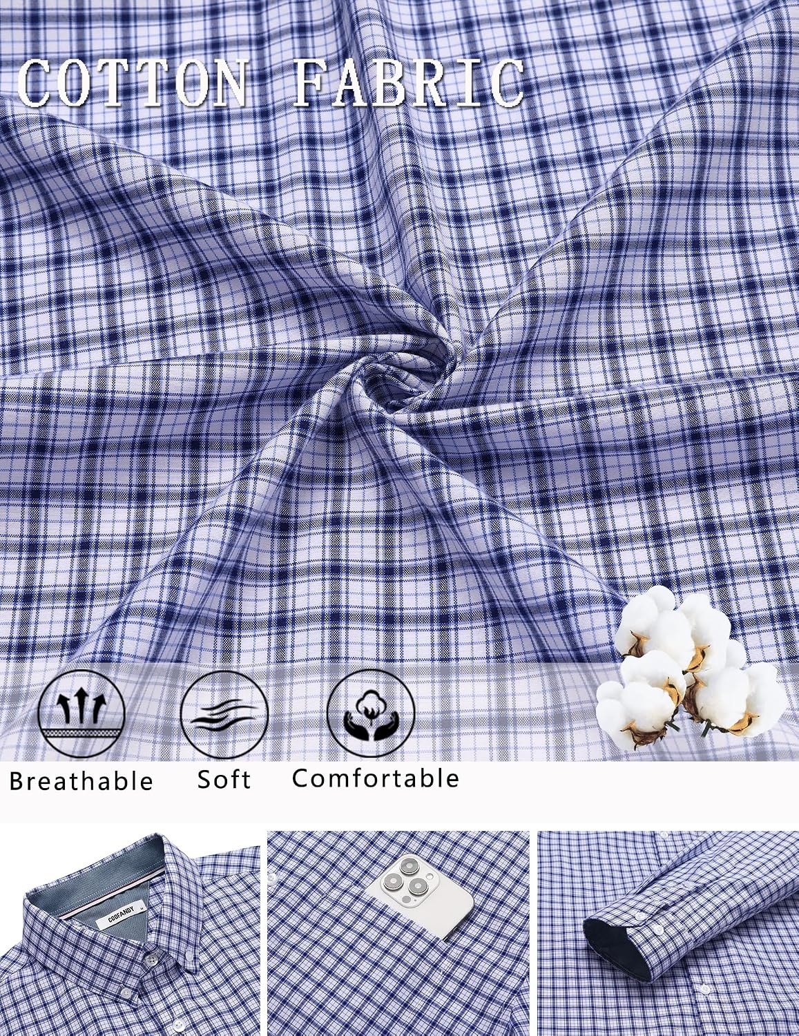 image:imageCOOFANDY Men Plaid Dress Shirts Long Sleeve Button Down Shirts Cotton Shirt Lightweight Dress Shirt Wrinkle Free Button Down Collar Classic Plaid Pattern Chest Pocket Casual Business ShirtsWhite Deep Blue Plaid