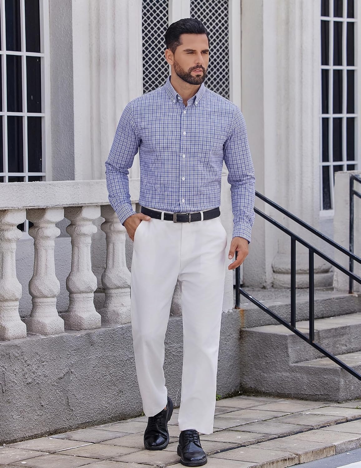 image:imageCOOFANDY Men Plaid Dress Shirts Long Sleeve Button Down Shirts Cotton Shirt Lightweight Dress Shirt Wrinkle Free Button Down Collar Classic Plaid Pattern Chest Pocket Casual Business ShirtsSky Blue White Plaid