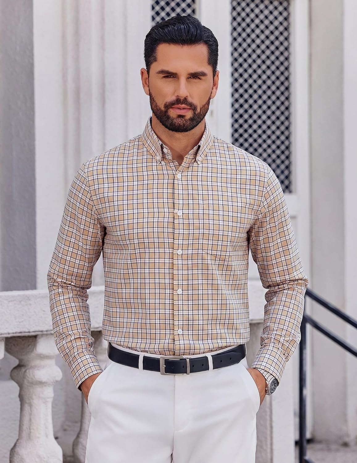 image:imageCOOFANDY Men Plaid Dress Shirts Long Sleeve Button Down Shirts Cotton Shirt Lightweight Dress Shirt Wrinkle Free Button Down Collar Classic Plaid Pattern Chest Pocket Casual Business ShirtsKhaki Plaid