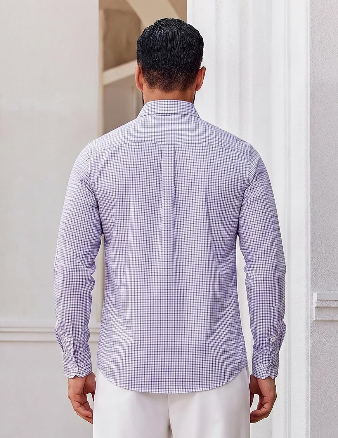 image:imageCOOFANDY Men Plaid Dress Shirts Long Sleeve Button Down Shirts Cotton Shirt Lightweight Dress Shirt Wrinkle Free Button Down Collar Classic Plaid Pattern Chest Pocket Casual Business ShirtsLight Purple Plaid