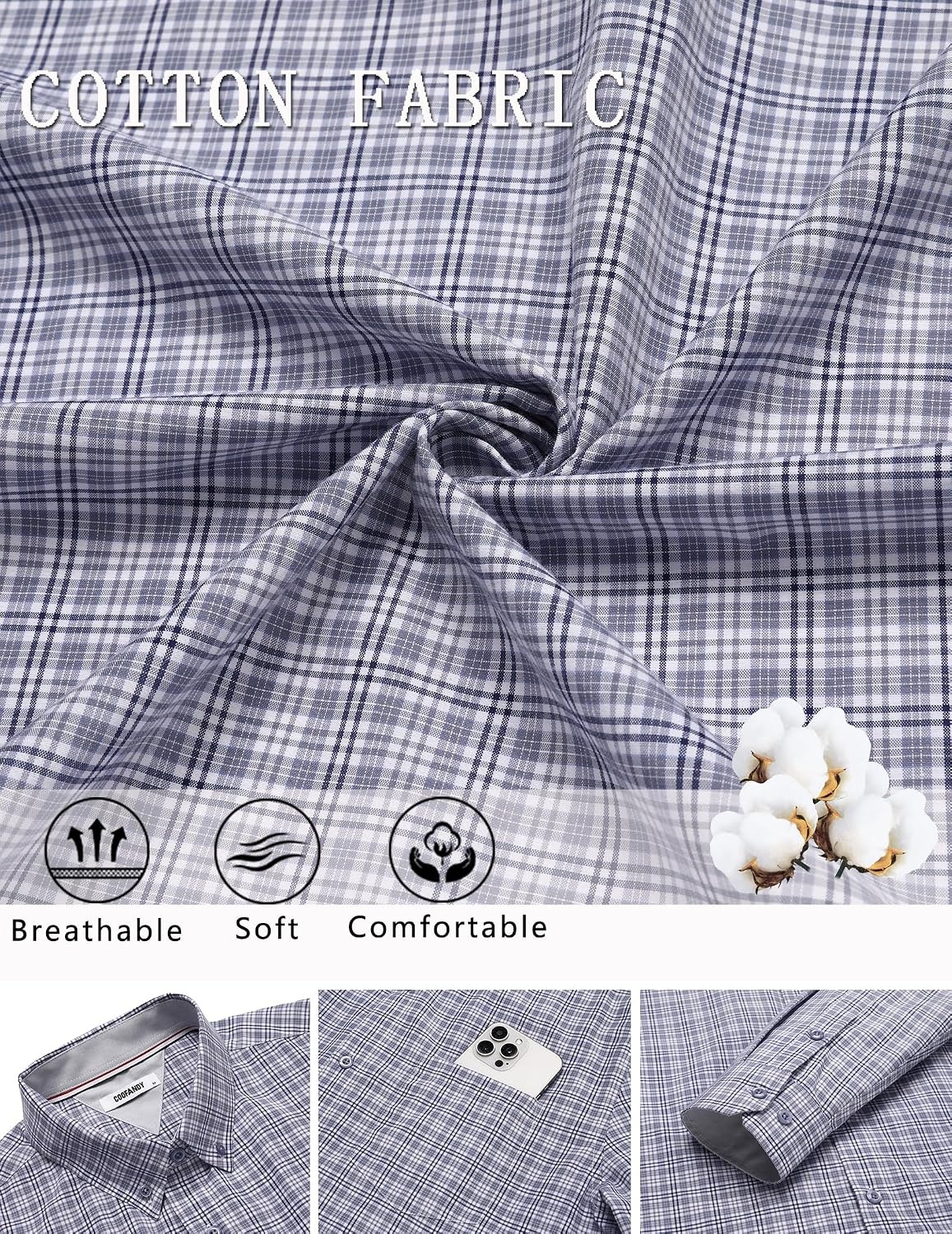 image:imageCOOFANDY Men Plaid Dress Shirts Long Sleeve Button Down Shirts Cotton Shirt Lightweight Dress Shirt Wrinkle Free Button Down Collar Classic Plaid Pattern Chest Pocket Casual Business ShirtsGrey Plaid
