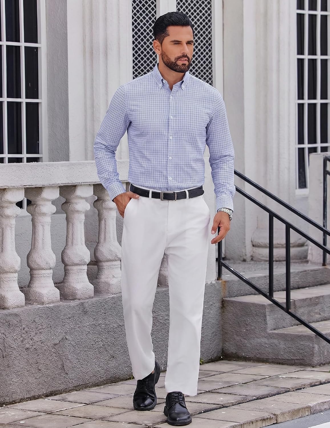 image:imageCOOFANDY Men Plaid Dress Shirts Long Sleeve Button Down Shirts Cotton Shirt Lightweight Dress Shirt Wrinkle Free Button Down Collar Classic Plaid Pattern Chest Pocket Casual Business ShirtsWhite Blue Plaid