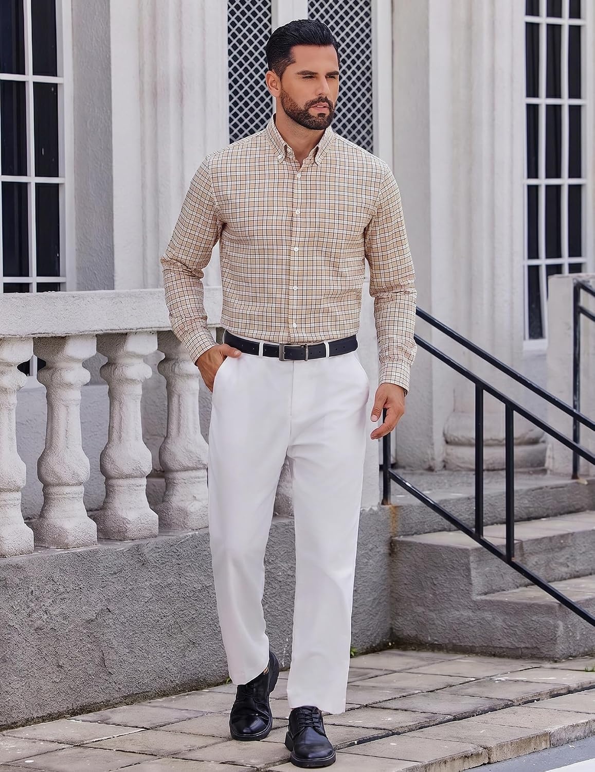 image:imageCOOFANDY Men Plaid Dress Shirts Long Sleeve Button Down Shirts Cotton Shirt Lightweight Dress Shirt Wrinkle Free Button Down Collar Classic Plaid Pattern Chest Pocket Casual Business ShirtsKhaki Plaid