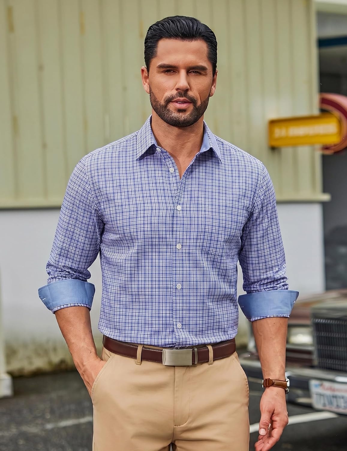 image:imageCOOFANDY Men Plaid Dress Shirts Long Sleeve Button Down Shirts Cotton Shirt Lightweight Dress Shirt Wrinkle Free Button Down Collar Classic Plaid Pattern Chest Pocket Casual Business ShirtsSky Blue White Plaid