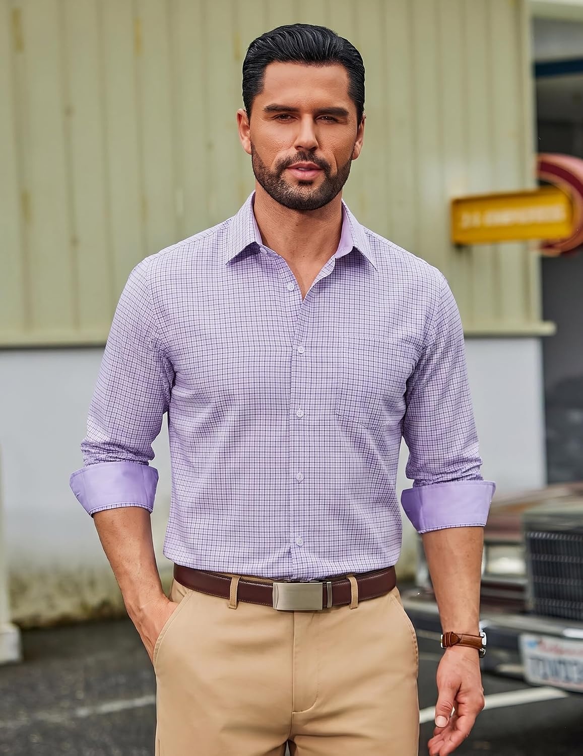 image:imageCOOFANDY Men Plaid Dress Shirts Long Sleeve Button Down Shirts Cotton Shirt Lightweight Dress Shirt Wrinkle Free Button Down Collar Classic Plaid Pattern Chest Pocket Casual Business ShirtsLight Purple Plaid