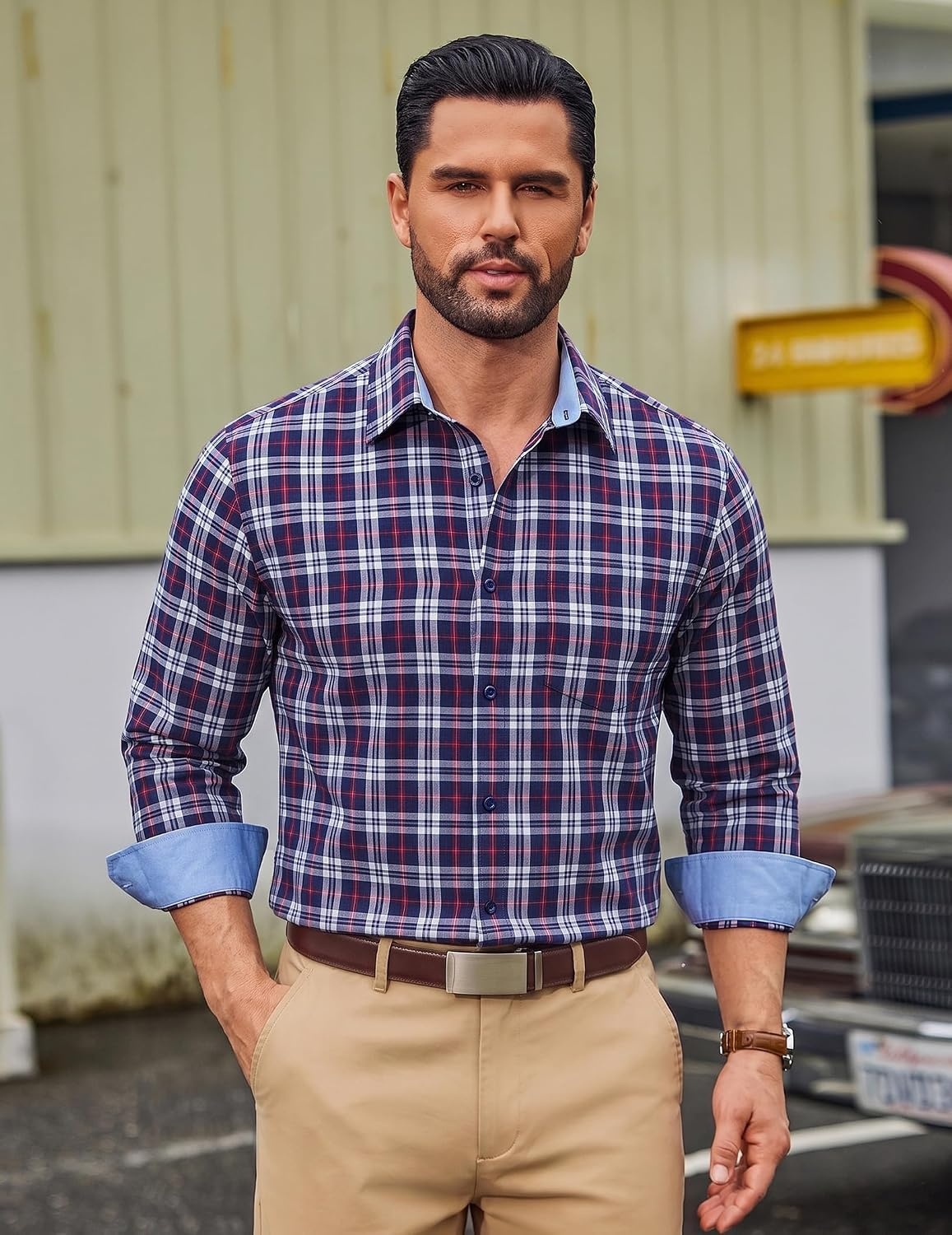 image:imageCOOFANDY Men Plaid Dress Shirts Long Sleeve Button Down Shirts Cotton Shirt Lightweight Dress Shirt Wrinkle Free Button Down Collar Classic Plaid Pattern Chest Pocket Casual Business ShirtsNavy Blue Red Plaid
