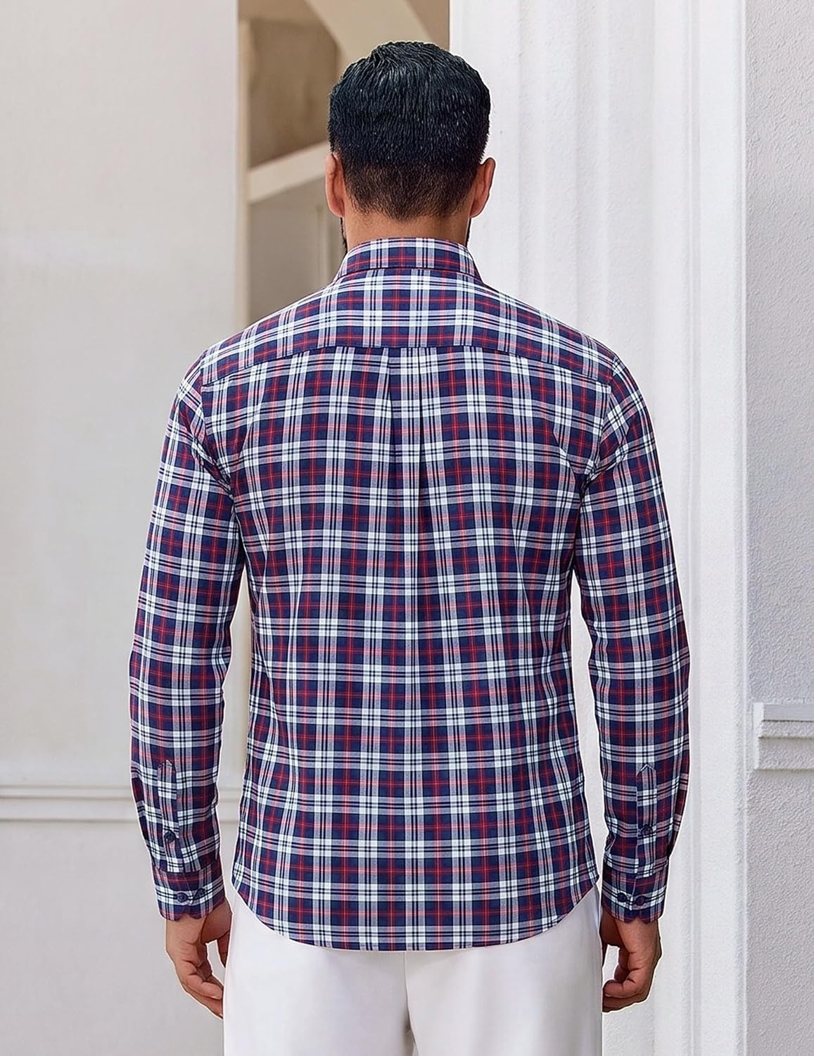 image:imageCOOFANDY Men Plaid Dress Shirts Long Sleeve Button Down Shirts Cotton Shirt Lightweight Dress Shirt Wrinkle Free Button Down Collar Classic Plaid Pattern Chest Pocket Casual Business ShirtsNavy Blue Red Plaid