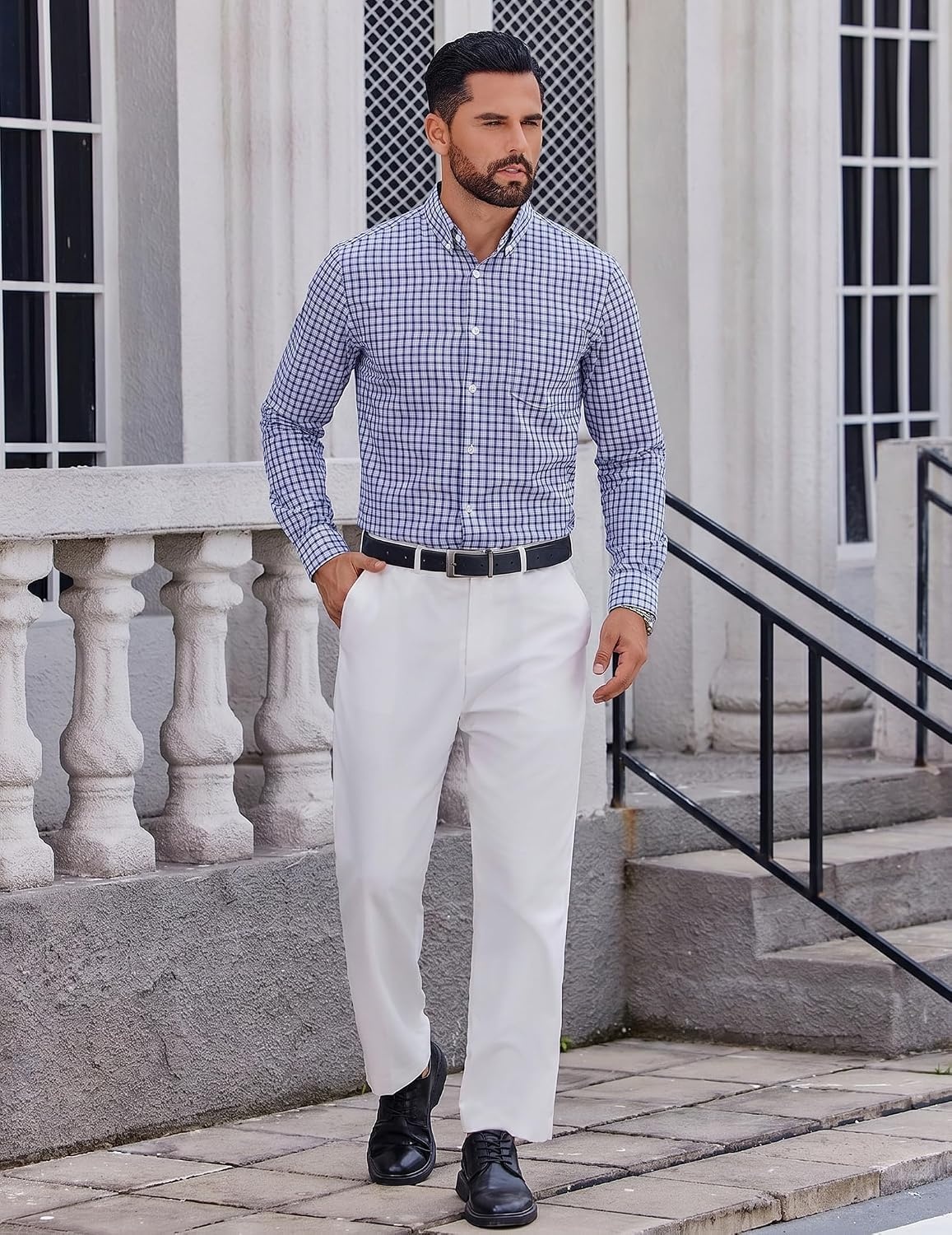 image:imageCOOFANDY Men Plaid Dress Shirts Long Sleeve Button Down Shirts Cotton Shirt Lightweight Dress Shirt Wrinkle Free Button Down Collar Classic Plaid Pattern Chest Pocket Casual Business ShirtsWhite Deep Blue Plaid
