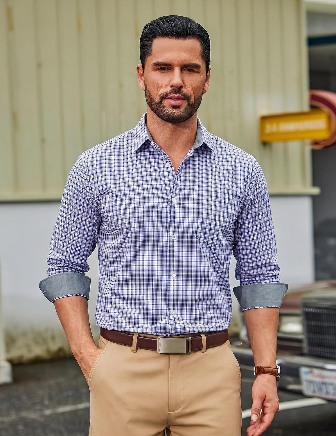 image:imageCOOFANDY Men Plaid Dress Shirts Long Sleeve Button Down Shirts Cotton Shirt Lightweight Dress Shirt Wrinkle Free Button Down Collar Classic Plaid Pattern Chest Pocket Casual Business ShirtsWhite Deep Blue Plaid