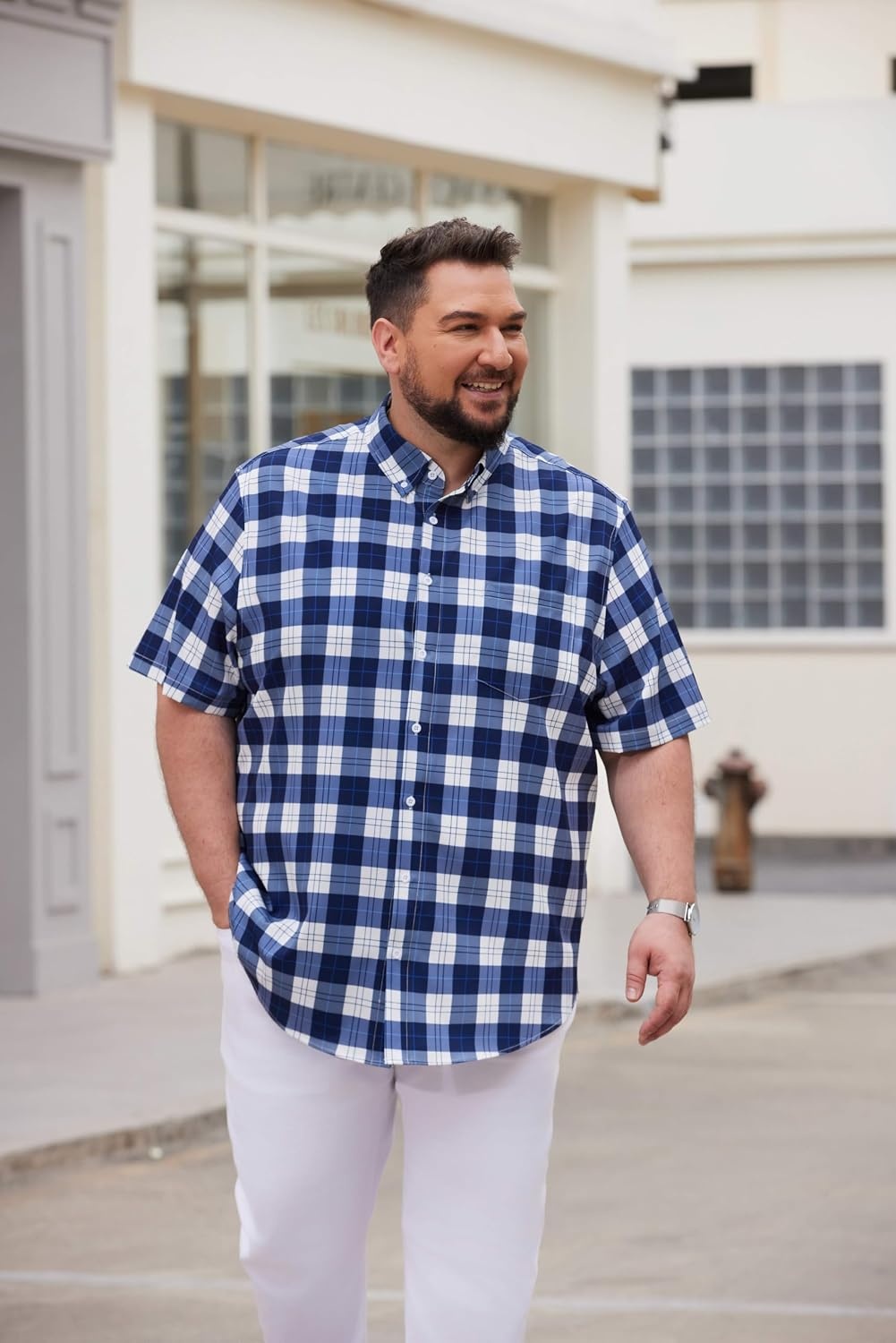 image:imageCOOFANDY Mens Big and Tall Short Sleeve Casual Button Down Plaid ShirtNavywhite