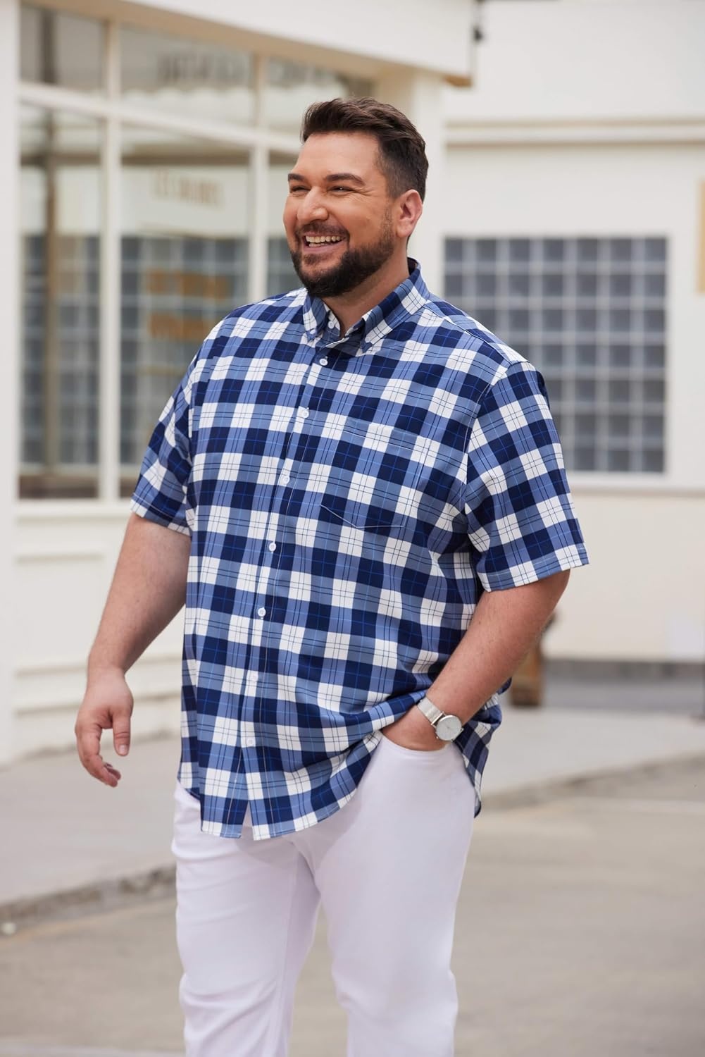 image:imageCOOFANDY Mens Big and Tall Short Sleeve Casual Button Down Plaid ShirtNavywhite