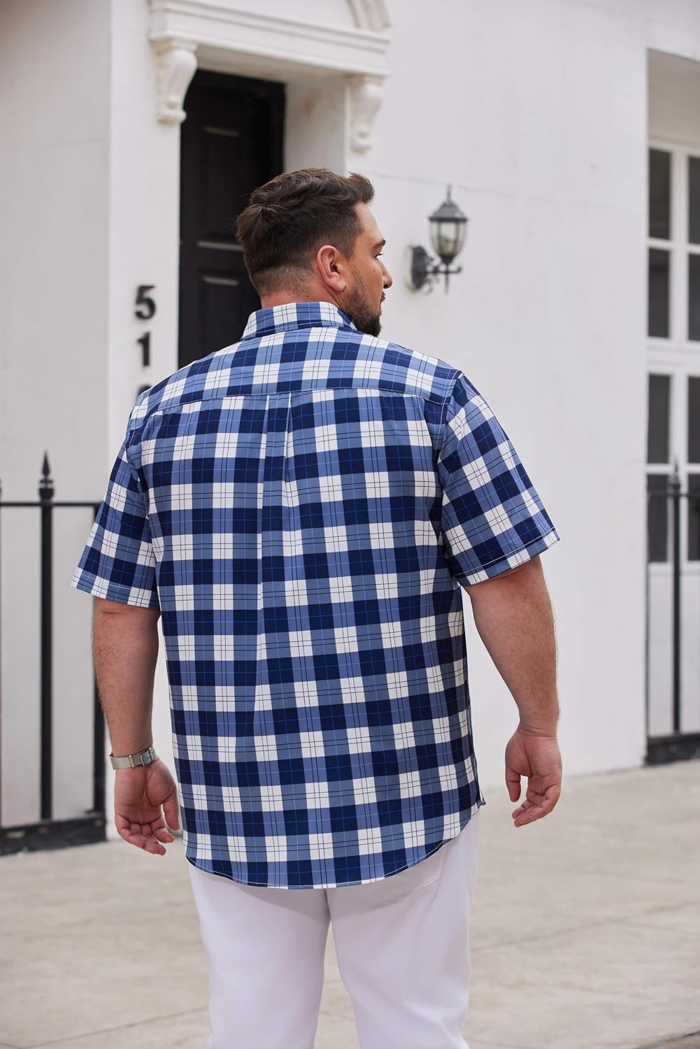 image:imageCOOFANDY Mens Big and Tall Short Sleeve Casual Button Down Plaid ShirtNavywhite