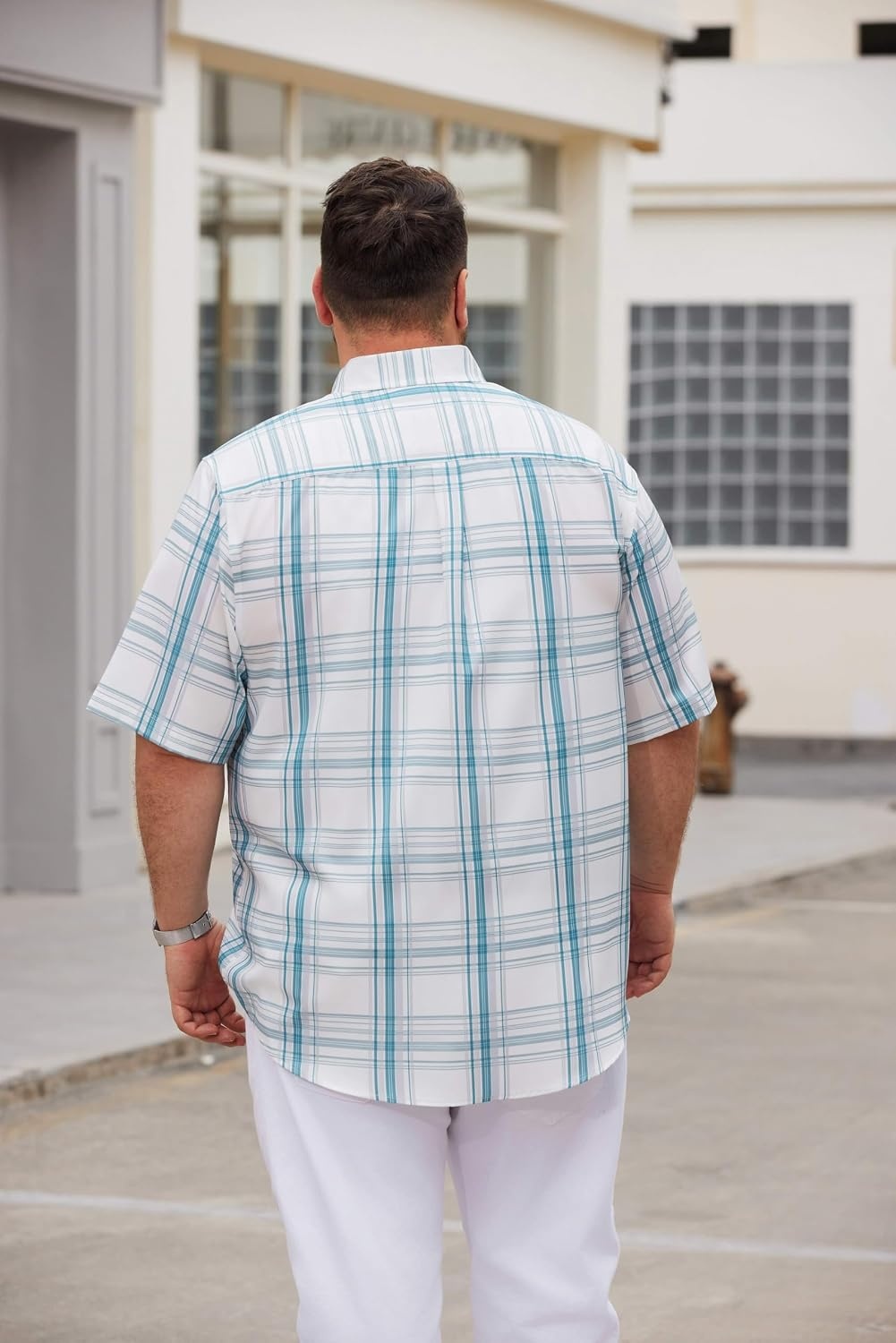 image:imageCOOFANDY Mens Big and Tall Short Sleeve Casual Button Down Plaid ShirtWhiteblue
