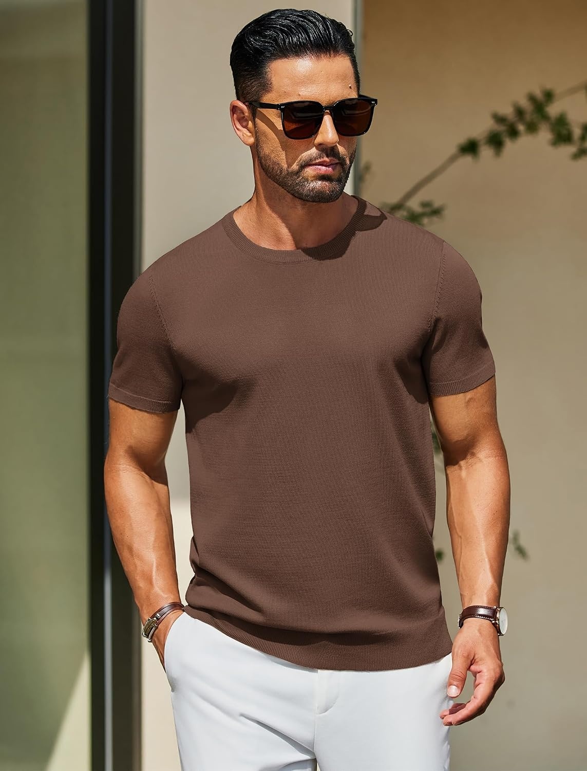 image:imageCOOFANDY Mens Casual TShirts Short Sleeve Crewneck Pullover Knit Tee Classic Basic Top Knit Tees Round Neck Slim Fit Pullover TshirtBrown