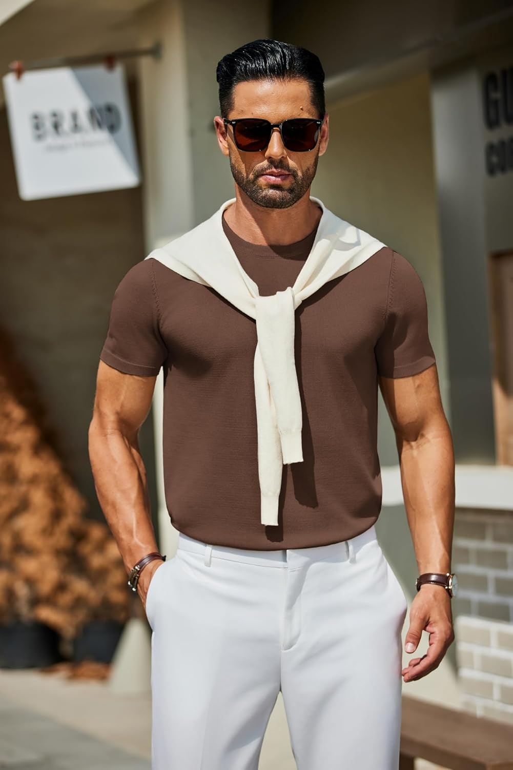 image:imageCOOFANDY Mens Casual TShirts Short Sleeve Crewneck Pullover Knit Tee Classic Basic Top Knit Tees Round Neck Slim Fit Pullover TshirtBrown