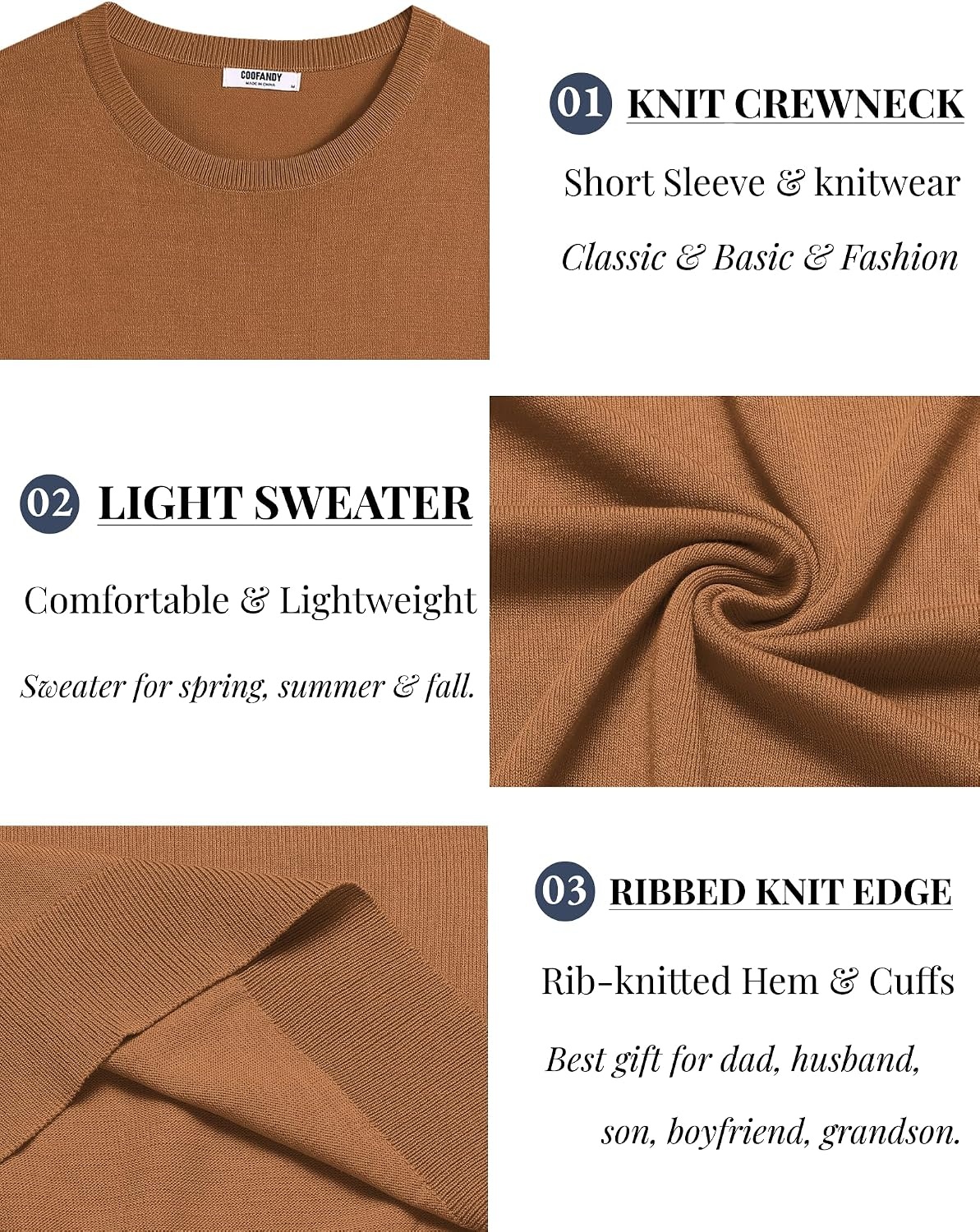 image:imageCOOFANDY Mens Casual TShirts Short Sleeve Crewneck Pullover Knit Tee Classic Basic Top Knit Tees Round Neck Slim Fit Pullover TshirtCaramel
