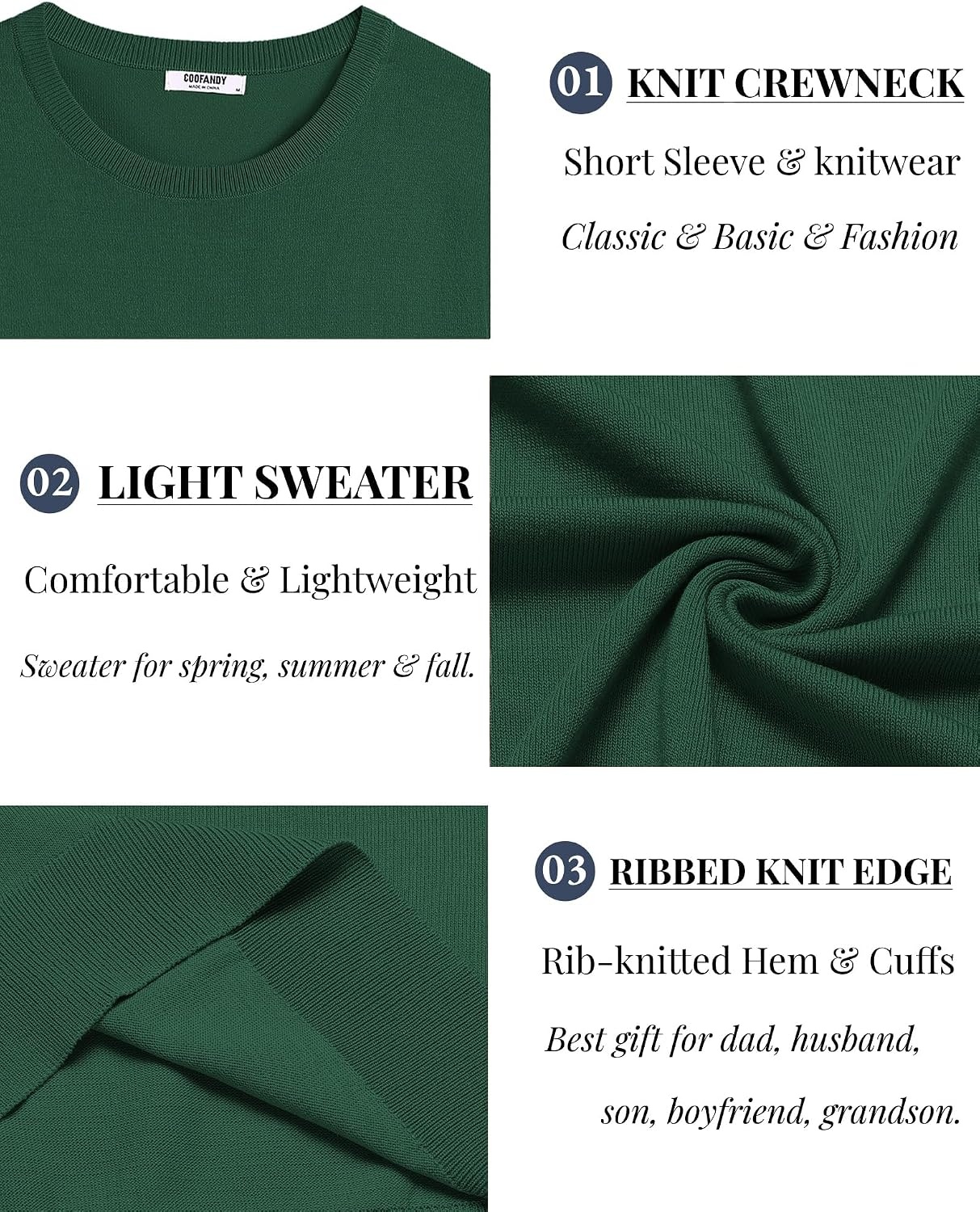image:imageCOOFANDY Mens Casual TShirts Short Sleeve Crewneck Pullover Knit Tee Classic Basic Top Knit Tees Round Neck Slim Fit Pullover TshirtDark Green