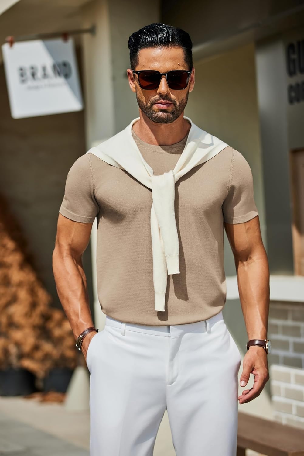 image:imageCOOFANDY Mens Casual TShirts Short Sleeve Crewneck Pullover Knit Tee Classic Basic Top Knit Tees Round Neck Slim Fit Pullover TshirtKhaki