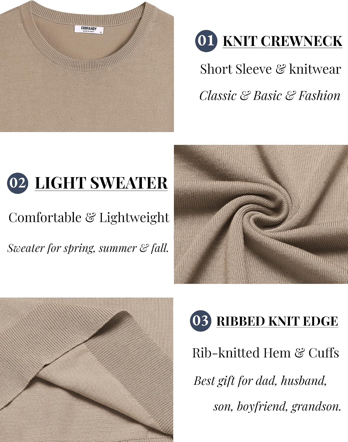 image:imageCOOFANDY Mens Casual TShirts Short Sleeve Crewneck Pullover Knit Tee Classic Basic Top Knit Tees Round Neck Slim Fit Pullover TshirtKhaki