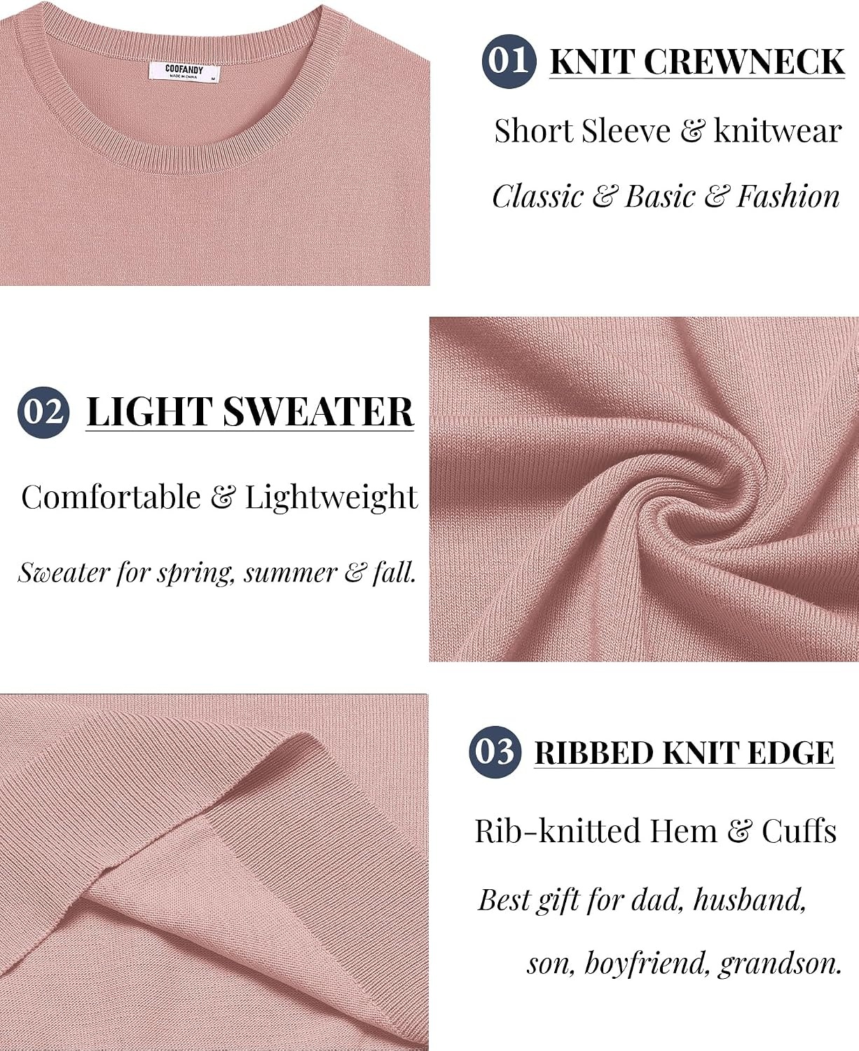 image:imageCOOFANDY Mens Casual TShirts Short Sleeve Crewneck Pullover Knit Tee Classic Basic Top Knit Tees Round Neck Slim Fit Pullover TshirtPink