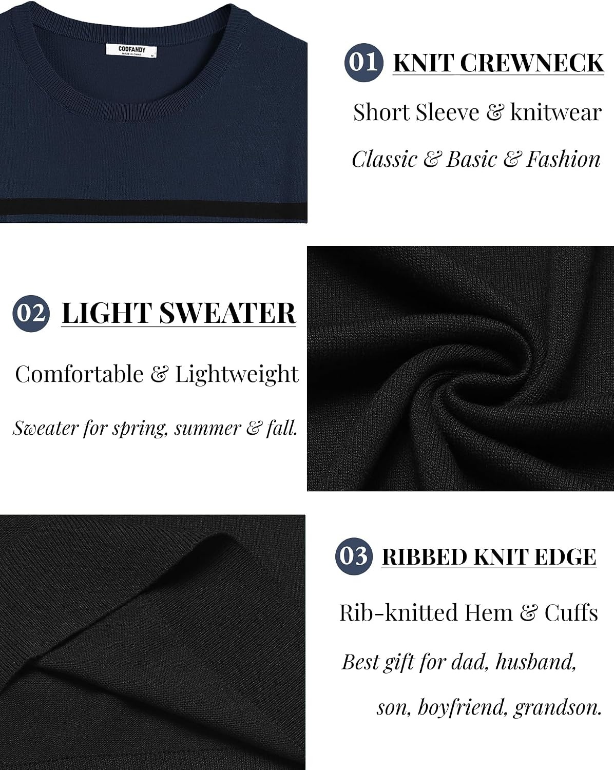 image:imageCOOFANDY Mens Casual TShirts Short Sleeve Crewneck Pullover Knit Tee Classic Basic Top Knit Tees Round Neck Slim Fit Pullover TshirtStripe Black Navy