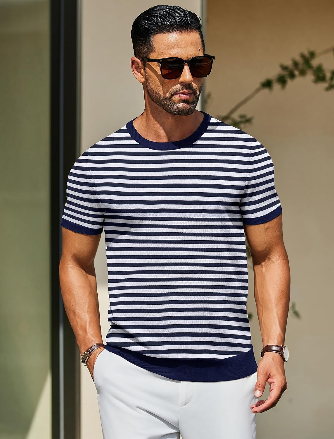 image:imageCOOFANDY Mens Casual TShirts Short Sleeve Crewneck Pullover Knit Tee Classic Basic Top Knit Tees Round Neck Slim Fit Pullover TshirtStripe Navy