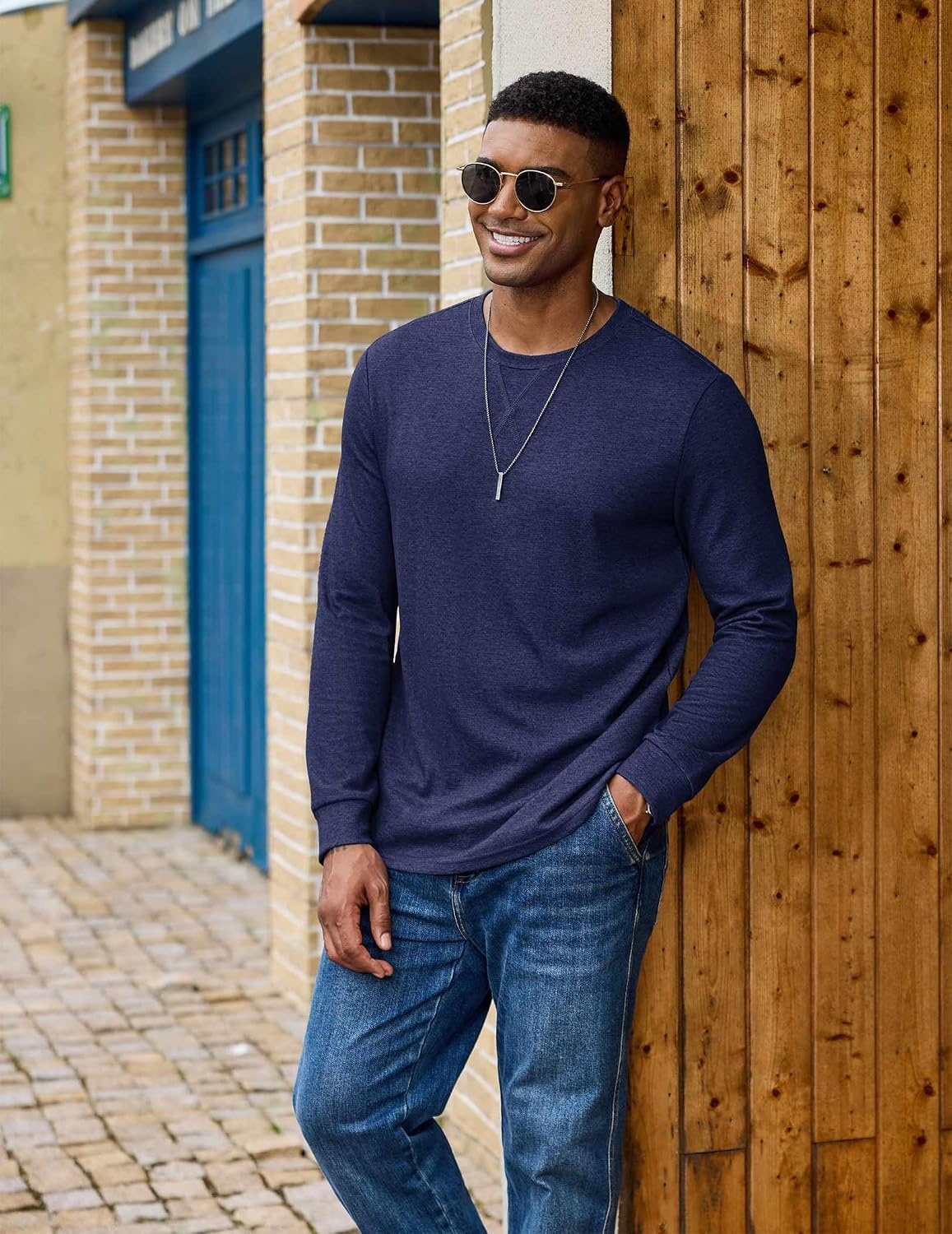 image:imageCOOFANDY Mens Long Sleeve T Shirt Cotton Blend Casual Tee Shirts Basic Crew Neck T Shirt for Daily WearLayering Lightweight amp Breathable Cozy amp Warm Preshrunk NoPillingNavy Blue