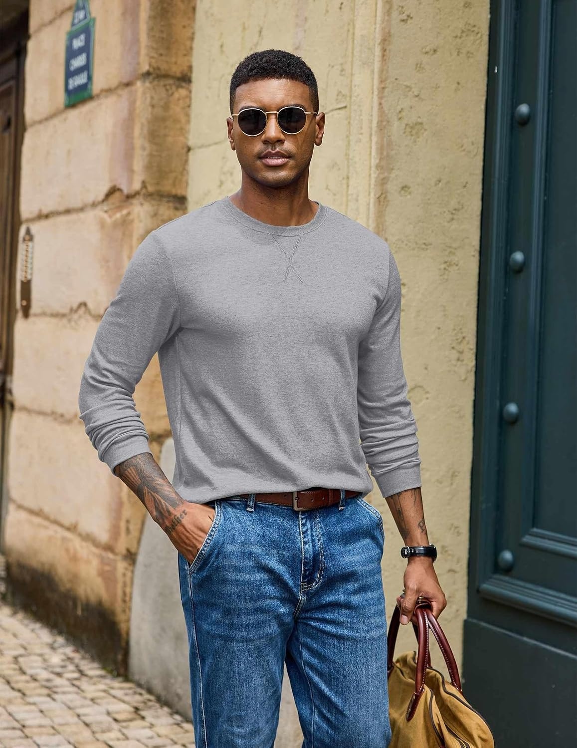 image:imageCOOFANDY Mens Long Sleeve T Shirt Cotton Blend Casual Tee Shirts Basic Crew Neck T Shirt for Daily WearLayering Lightweight amp Breathable Cozy amp Warm Preshrunk NoPillingLight Grey