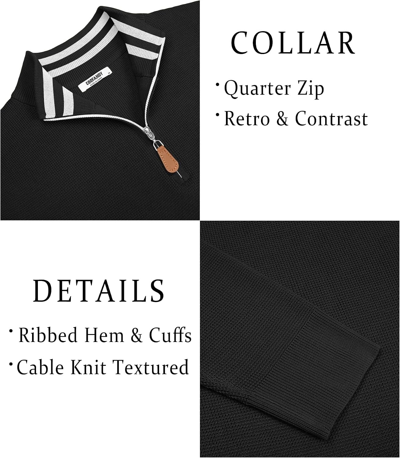 image:imageCOOFANDY Mens Quarter Zip Pullover Sweater Casual Mock Neck Knit Polo Contrast Collar Long Sleeve Warm Pullover Regular Fit Fall Winter 2026 Fashion Casual Business Golf Polo SweaterBlack