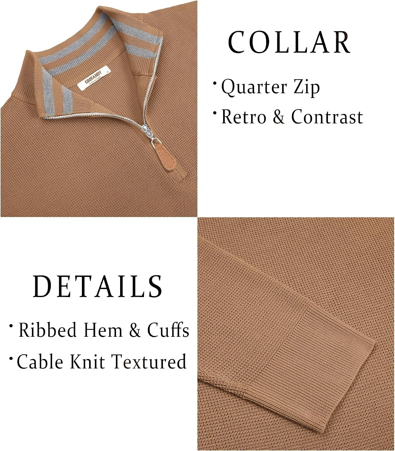image:imageCOOFANDY Mens Quarter Zip Pullover Sweater Casual Mock Neck Knit Polo Contrast Collar Long Sleeve Warm Pullover Regular Fit Fall Winter 2026 Fashion Casual Business Golf Polo SweaterKhaki