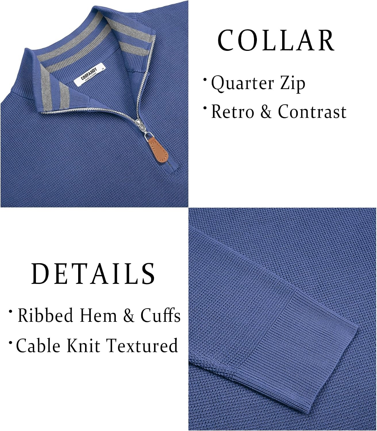 image:imageCOOFANDY Mens Quarter Zip Pullover Sweater Casual Mock Neck Knit Polo Contrast Collar Long Sleeve Warm Pullover Regular Fit Fall Winter 2026 Fashion Casual Business Golf Polo SweaterGray Blue