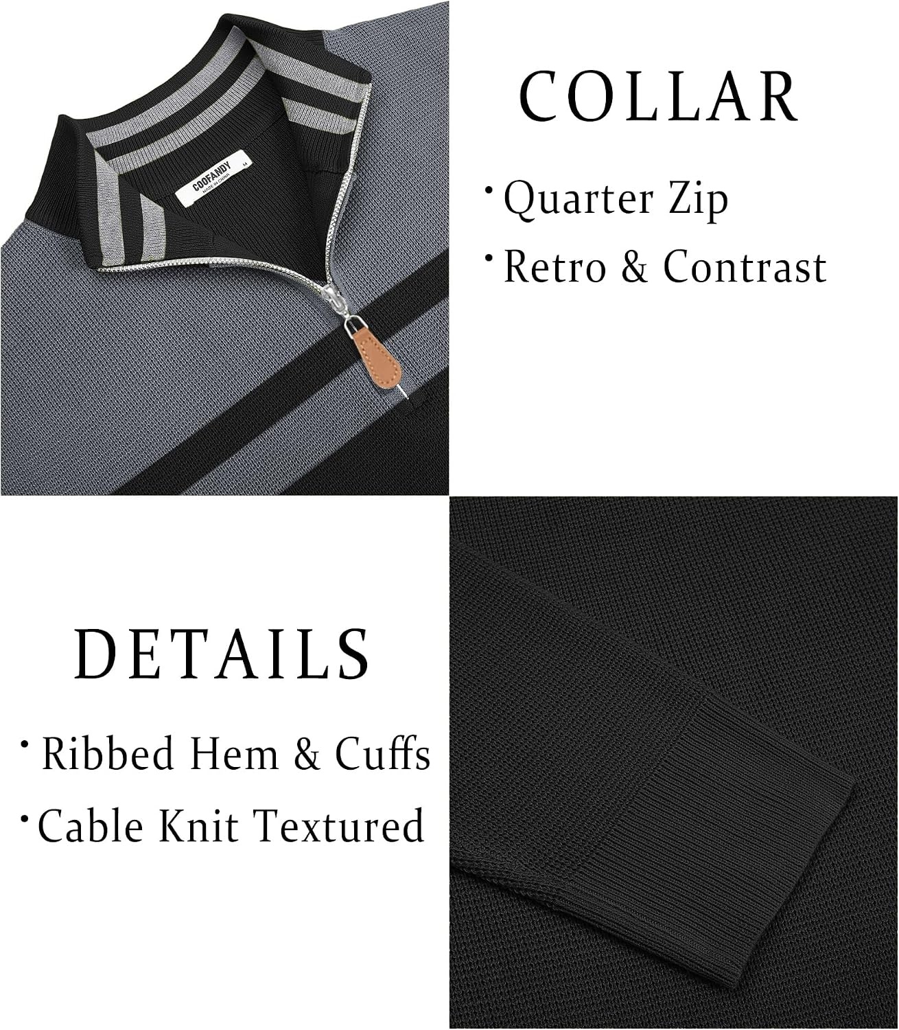 image:imageCOOFANDY Mens Quarter Zip Pullover Sweater Casual Mock Neck Knit Polo Contrast Collar Long Sleeve Warm Pullover Regular Fit Fall Winter 2026 Fashion Casual Business Golf Polo SweaterBlackgrey