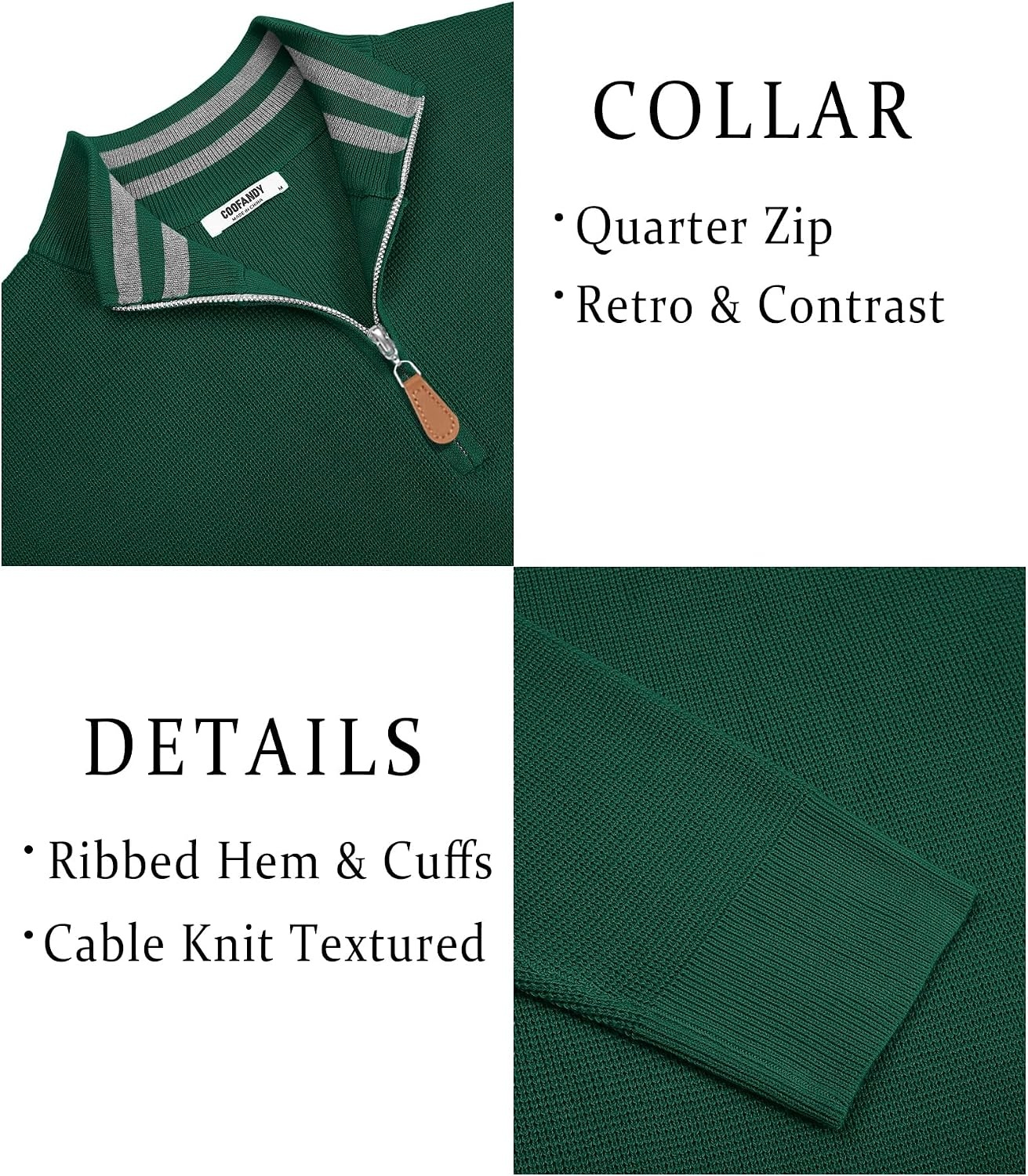 image:imageCOOFANDY Mens Quarter Zip Pullover Sweater Casual Mock Neck Knit Polo Contrast Collar Long Sleeve Warm Pullover Regular Fit Fall Winter 2026 Fashion Casual Business Golf Polo SweaterGreen